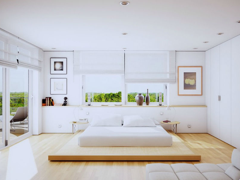 thiết kế phòng ngủ không cần giường đồng bộ sắc trắng