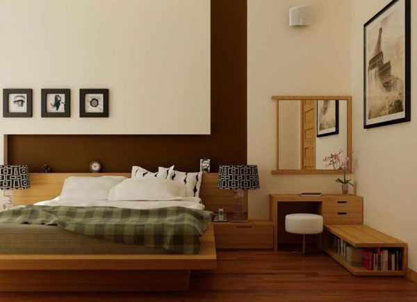 Giường ngủ sàn kiểu Nhật với tông màu ấm áp