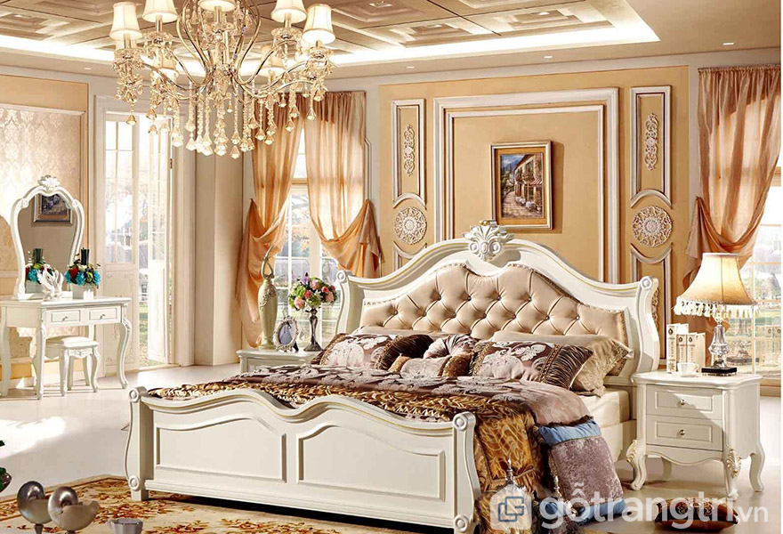 Giường gỗ MDF 1m8 phong cách tân cổ