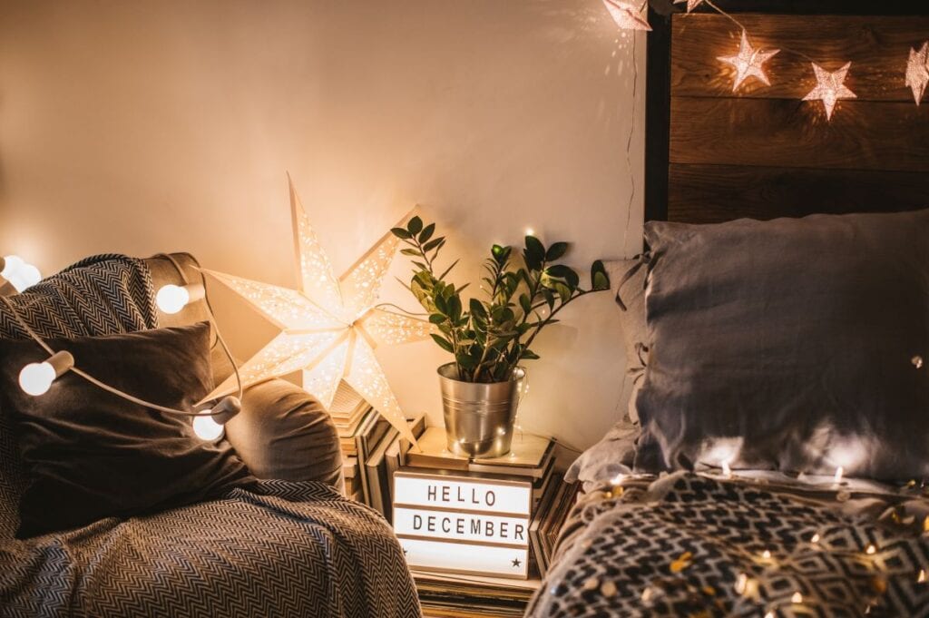 Cozy bedroom with string lights